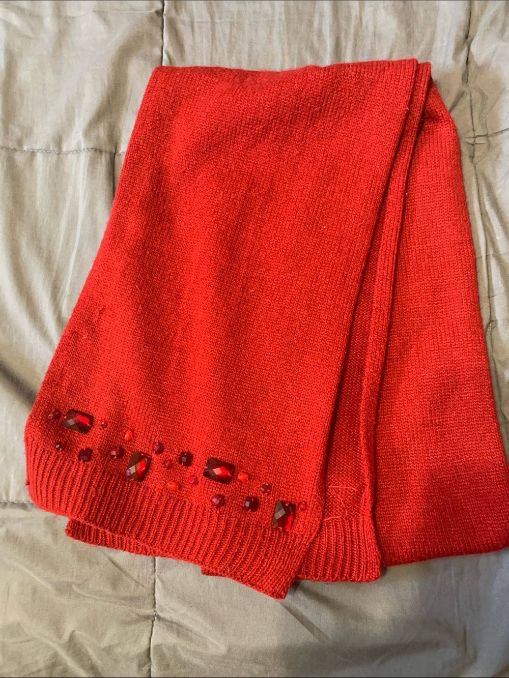 New York & Company Bright Red Knit Scarf with Red Gem Accents